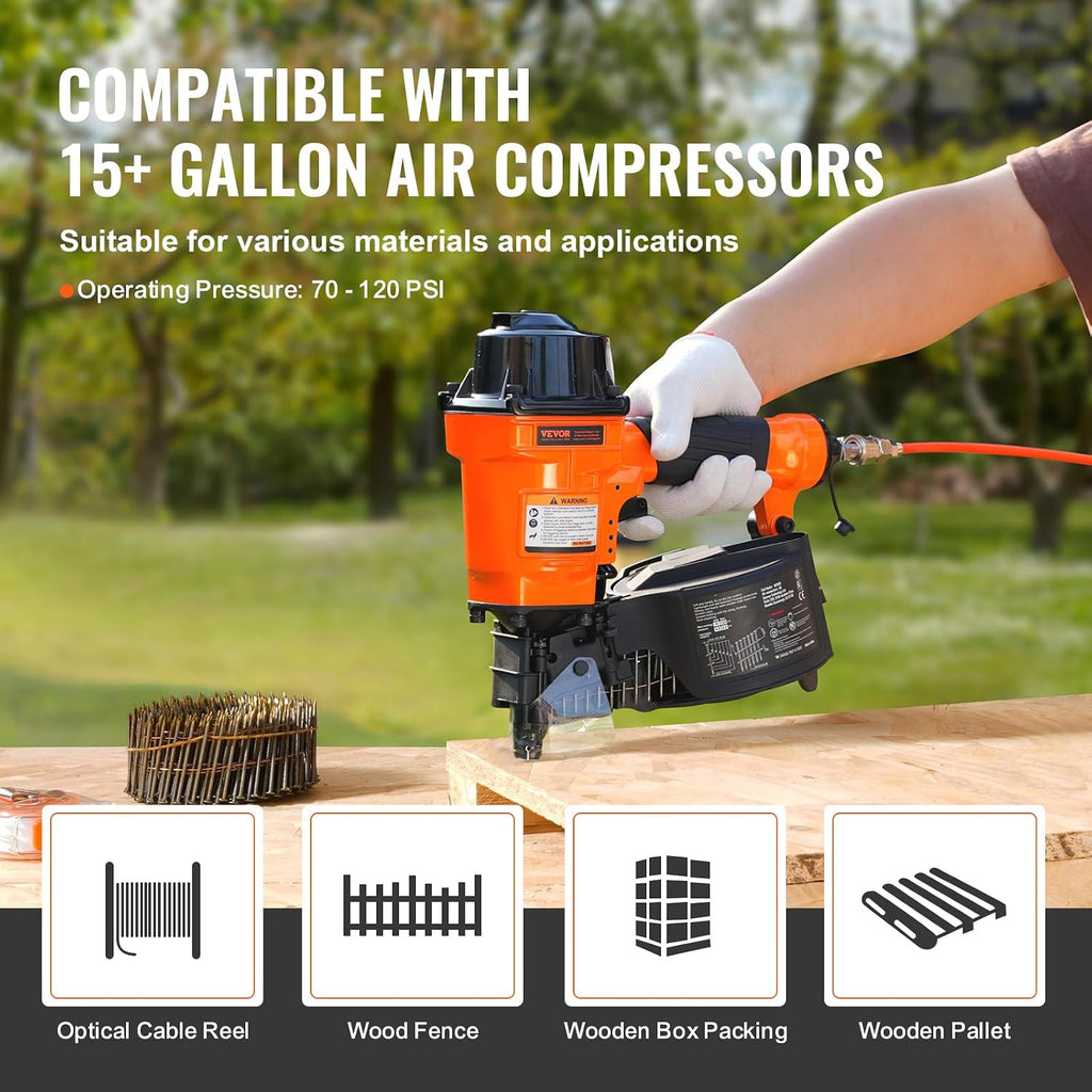 VEVOR MCN55 Coil Siding Nailer, 70-120PSI Air Coil Nailer 1 inch to 2-1/4 inch 15 Degree Pneumatic Siding Nail Gun for Siding, Pallet Sheathing, Fencing, Decking