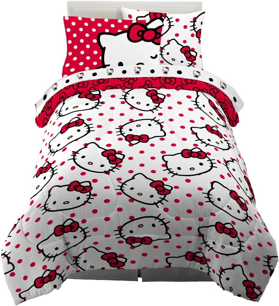 Hello Kitty Polka Dot Bedding 5 Piece Super Soft Comforter and Sheet Set with Sham, Twin, (Officially Licensed Product) by Franco Collectibles