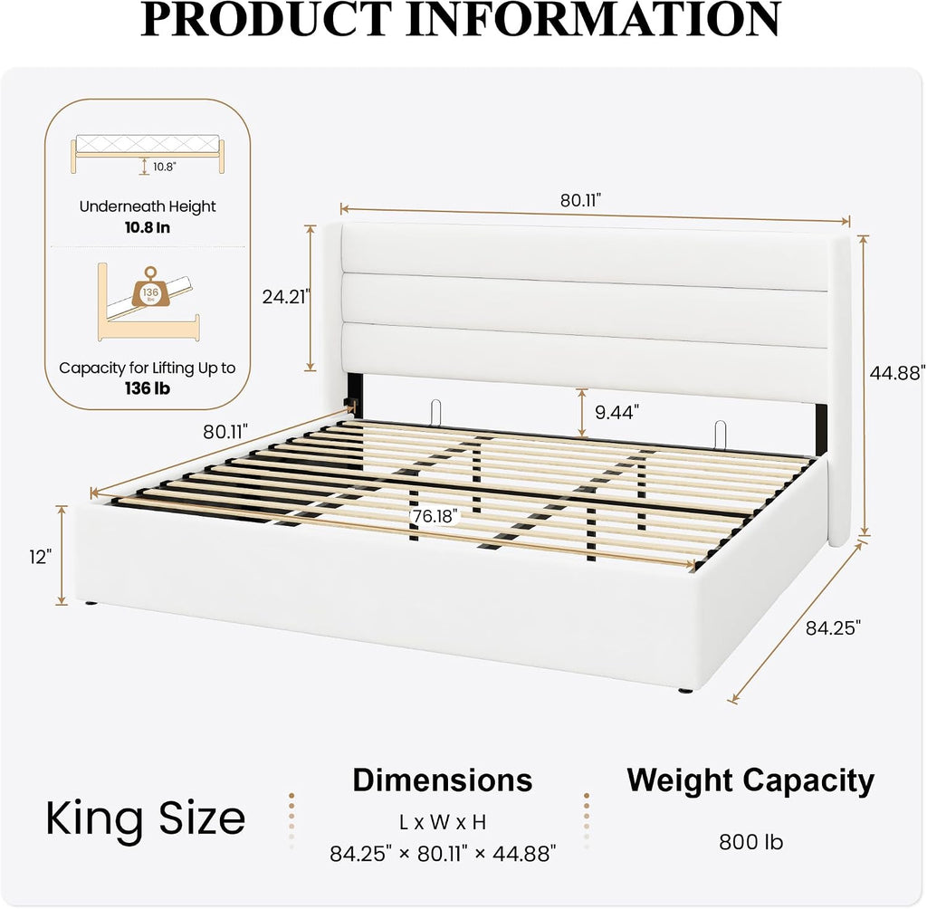 SHA CERLIN King Size Lift Up Storage Bed/Velvet Upholstered/Modern Wingback Headboard/Upholstered Platform Bed Frame/Hydraulic Storage/No Box Spring Needed/White