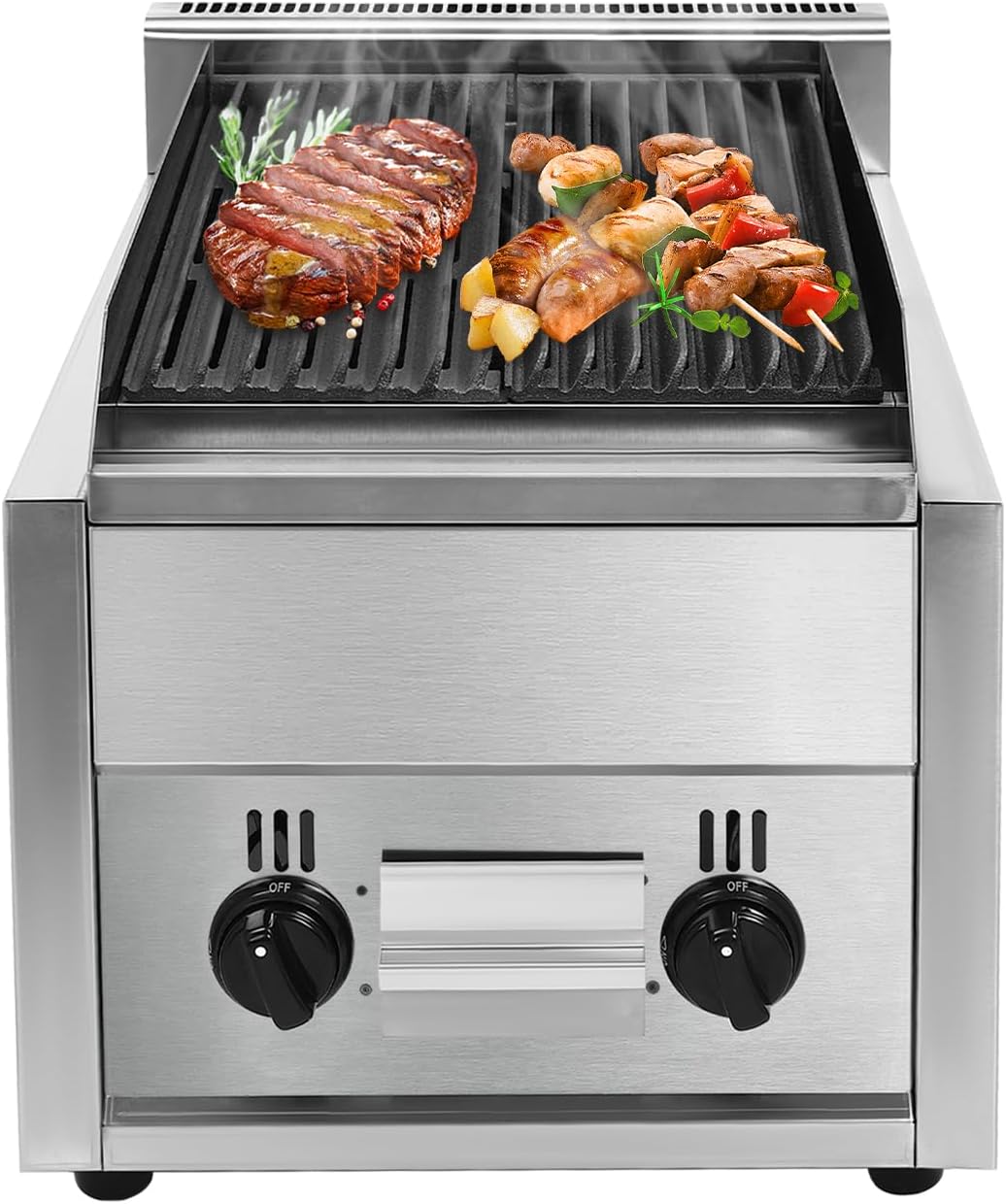2 Burner Flat Top Gas Griddle,Outdoor Camp Picnic Barbecue LPG BBQ Grill,Commercial Tabletop or Freestanding Burners with 2 Grills Pans and Knob Switches,Portable Gas Grill Camping Griddle Station