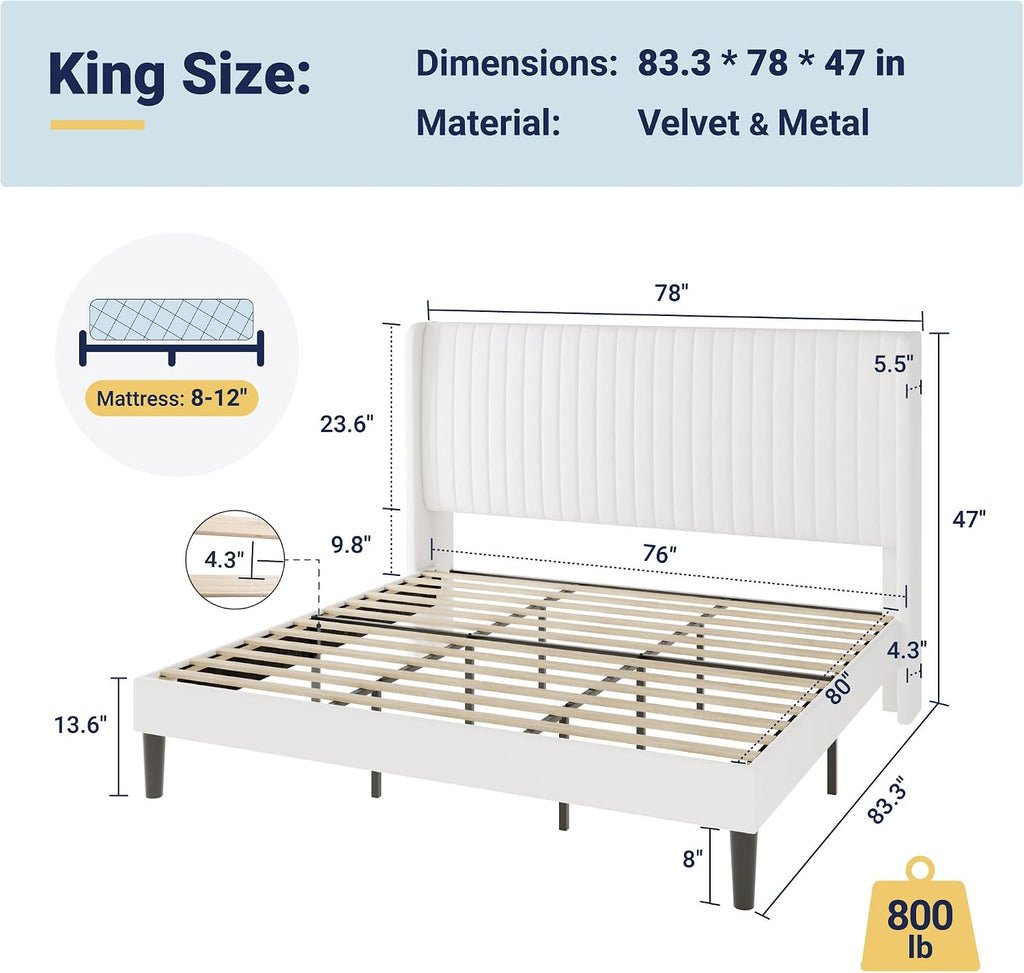 Allewie King Size Velvet Bed Frame/Vertical Channel Tufted Wingback Headboard/Upholstered Platform Bed/No Box Spring Needed/Strong Wooden Slats/Easy Assembly/White
