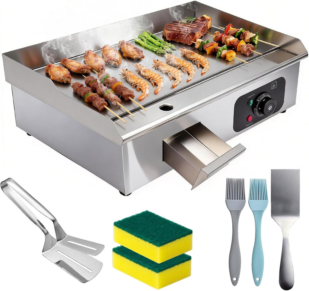 Commercial Electric Griddle 22', 1600W Countertop Flat Top Grill, Stainless Steel Griddle with 122-572°F Adjustable Temp & Removable Oil Basket for Restaurant Home Use
