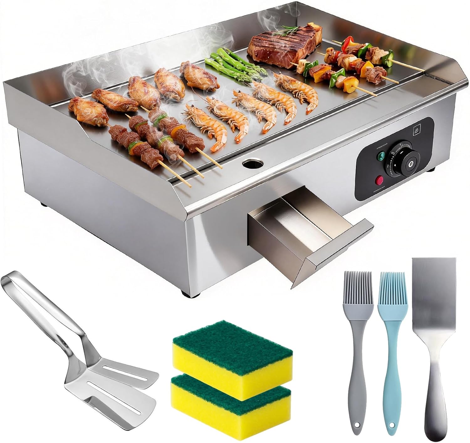 Commercial Electric Griddle 22', 1600W Countertop Flat Top Grill, Stainless Steel Griddle with 122-572°F Adjustable Temp & Removable Oil Basket for Restaurant Home Use