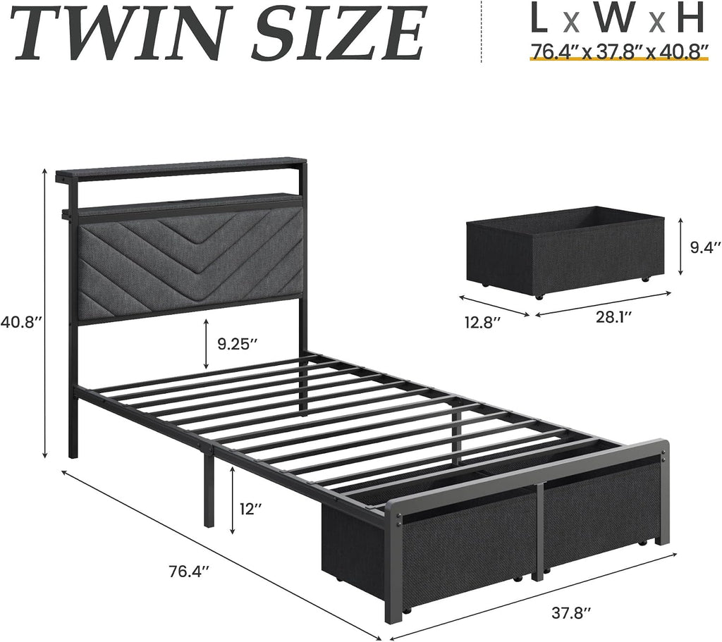 Fluest Twin Bed Frame with Storage Drawers, Upholstered Headboard with Charging Station, LED Lights, Fabric Drawers with Wheels, Under Bed Storage, No Box Spring Needed, Easy Assembly, Grey