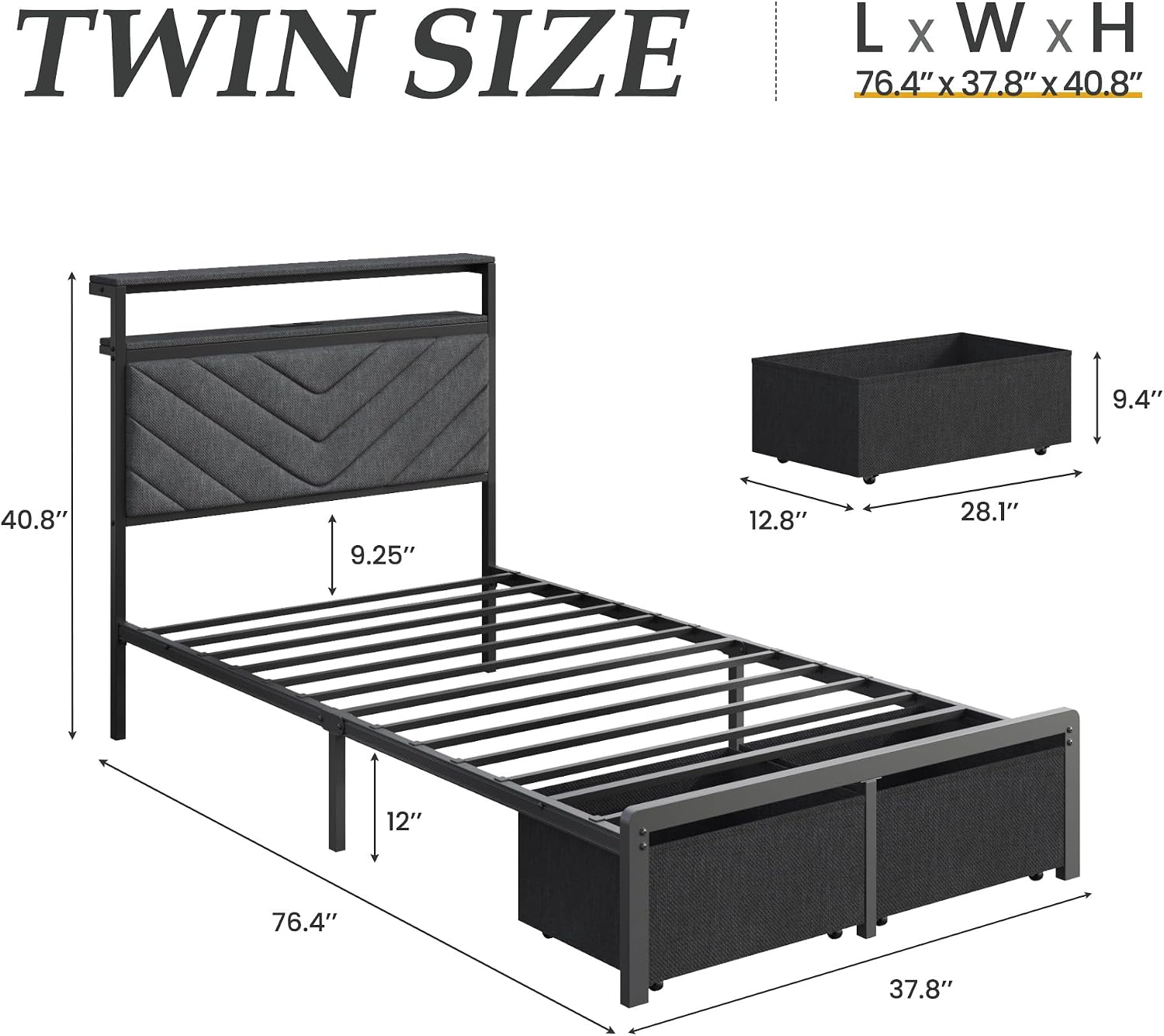 Fluest Twin Bed Frame with Storage Drawers, Upholstered Headboard with Charging Station, LED Lights, Fabric Drawers with Wheels, Under Bed Storage, No Box Spring Needed, Easy Assembly, Grey