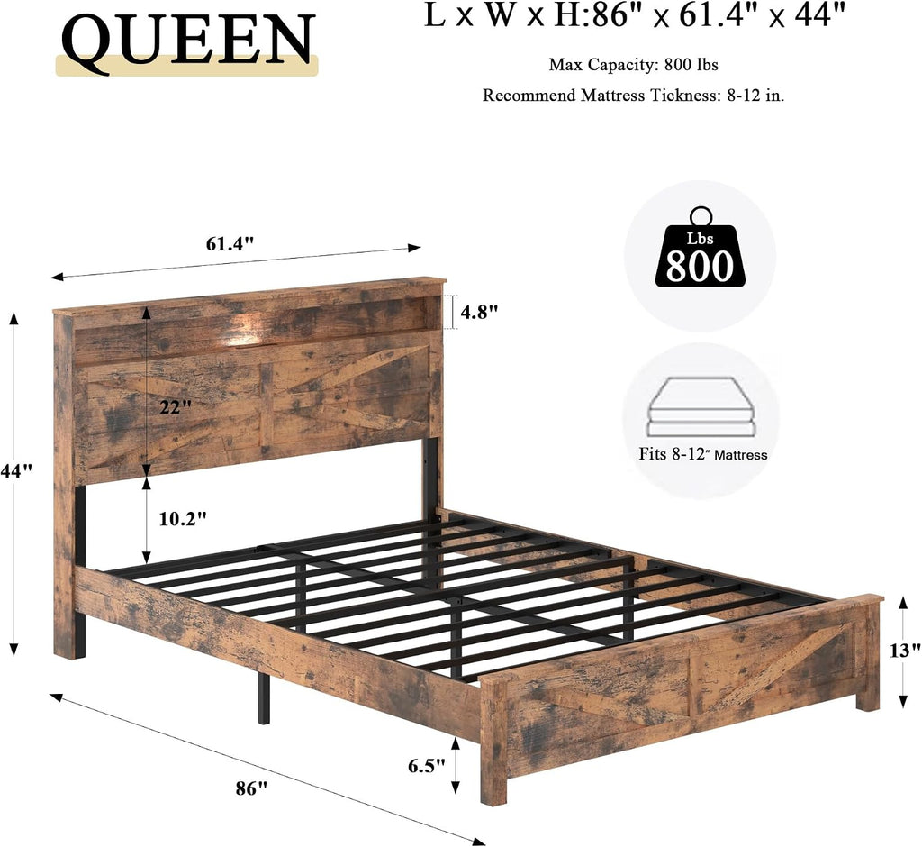 Farmhouse Wooden Bed Frame Queen Size with Storage Headboard, Boho Platform Bedframe with LED Lights and Charging Station, Metal Slats Support, No Box Spring Needed, Brown
