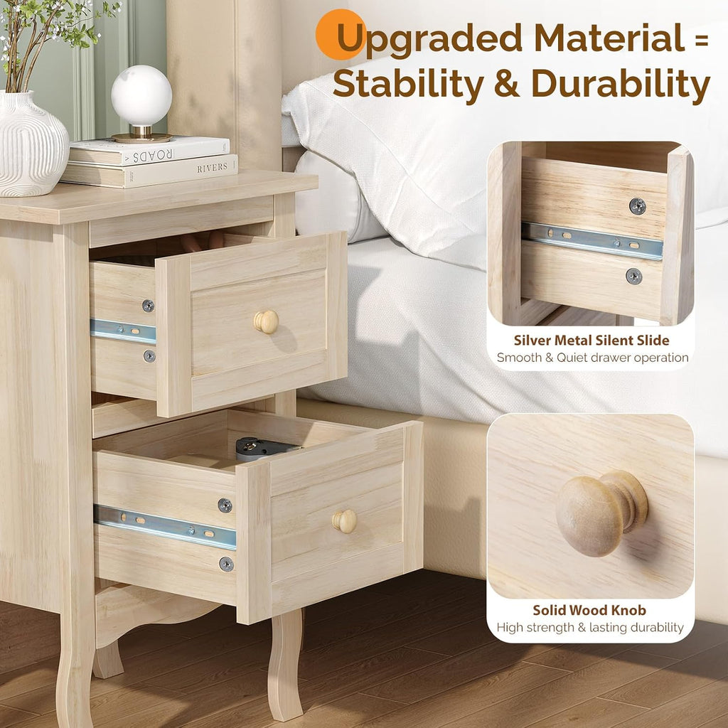 VINGLI Nightstands Set of 2, Unfinished Solid Wood Nightstand Color DIY, Small Nightstand for Bedroom, Natural Wood Night Stand with Drawers, Light Wood Night Stands, Real Wooden Bedside Table