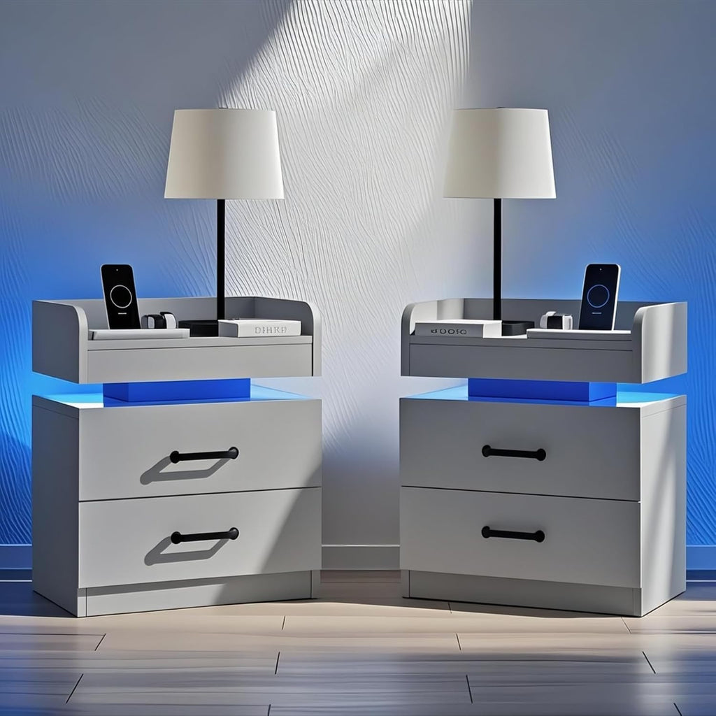 4ever2buy Grey Nightstand Set of 2 with Charging Station and LED Lights Modern Bedside Tables with 2 Drawers for Bedroom
