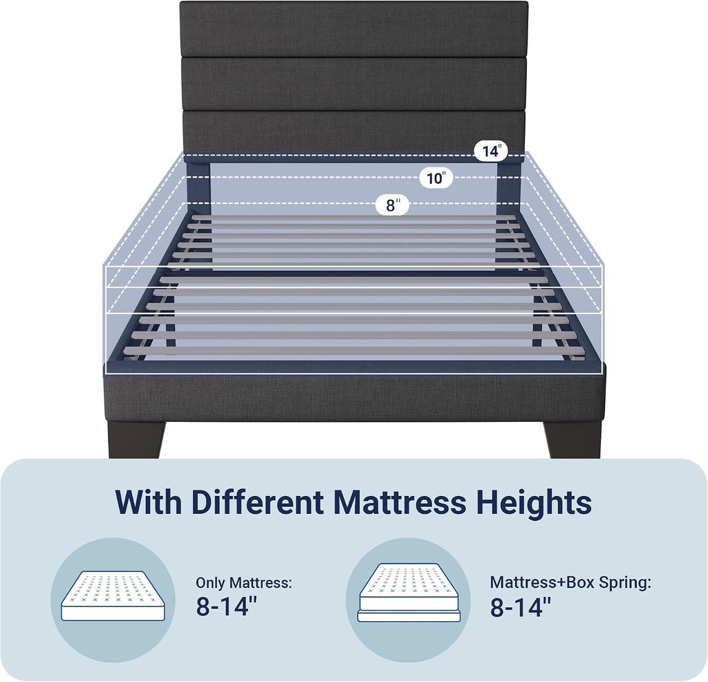 Allewie Twin Size Platform Bed Frame with Fabric Upholstered Headboard and Wooden Slats Support, Fully Upholstered Mattress Foundation/No Box Spring Needed/Easy Assembly, Dark Grey