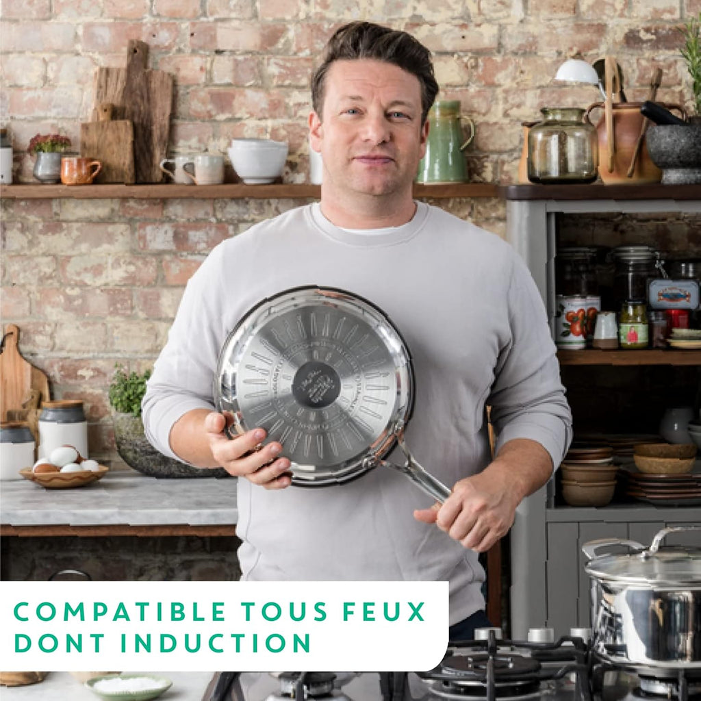 T-Fal x Jamie Oliver Nonstick Coated Stainless Steel Pans 8', 9.5' & 11', Frypan Set Induction Compatible, Oven Safe up to 500°F, Chef's Stainless Steel Skillet, Frying Pan, Silver