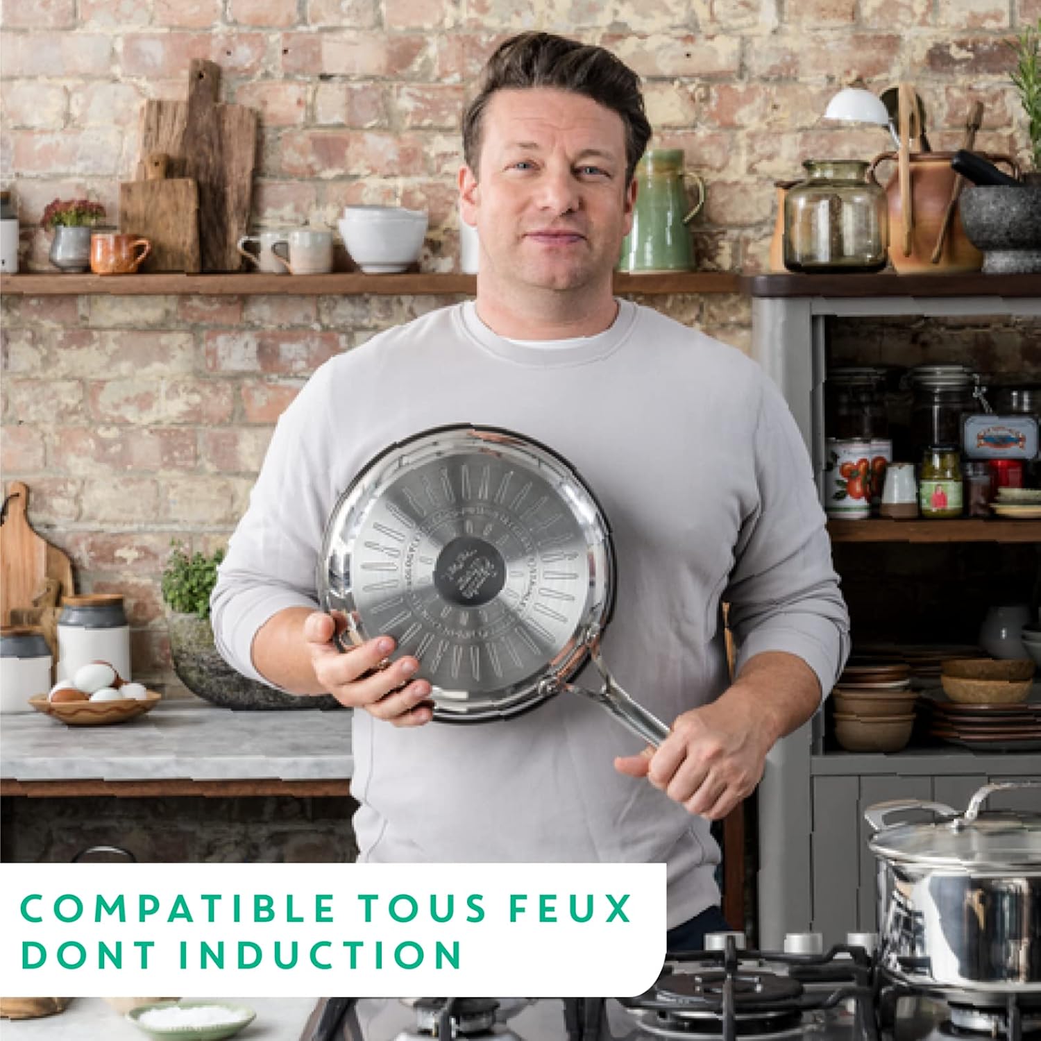 T-Fal x Jamie Oliver Nonstick Coated Stainless Steel Pans 8', 9.5' & 11', Frypan Set Induction Compatible, Oven Safe up to 500°F, Chef's Stainless Steel Skillet, Frying Pan, Silver