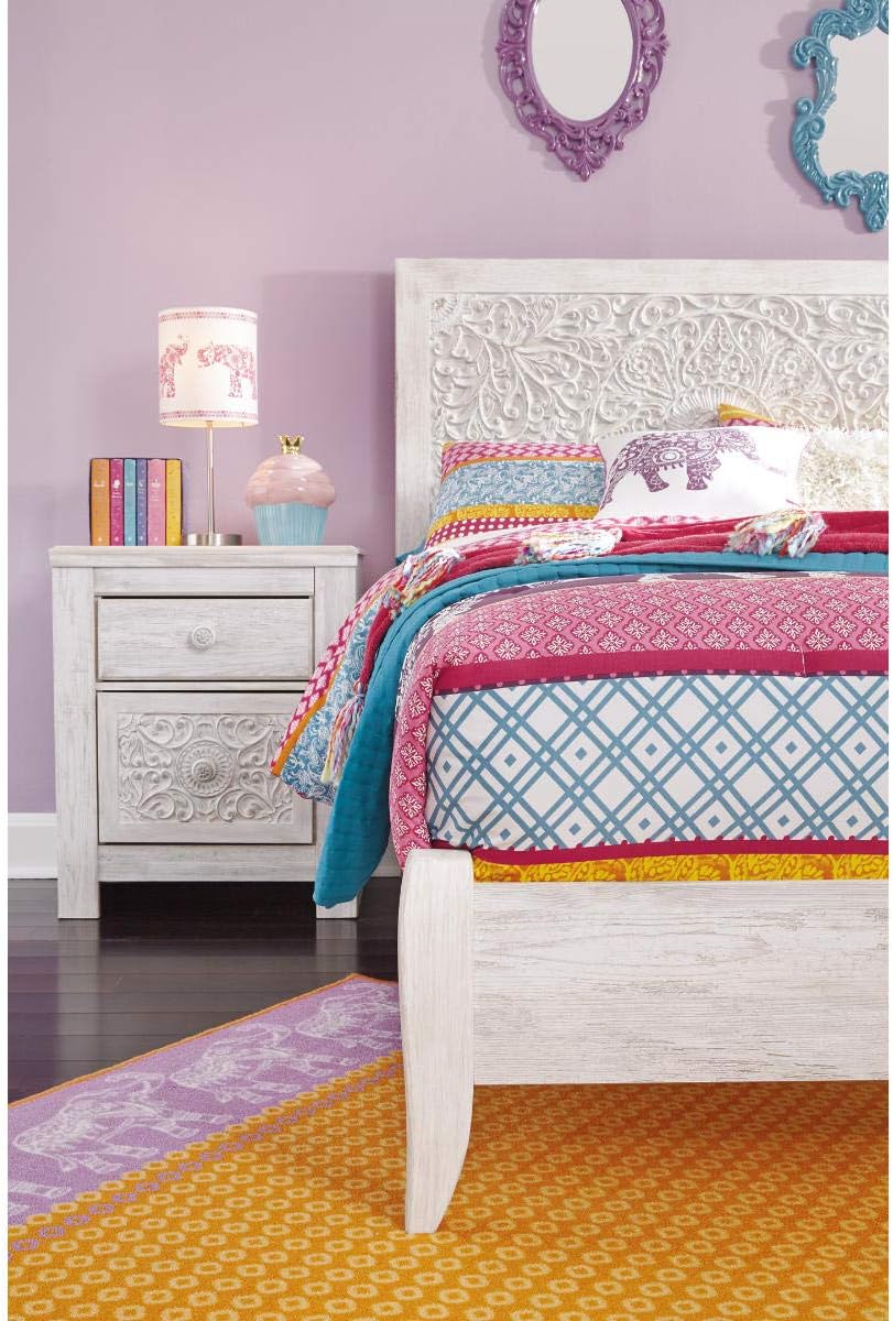Signature Design By Ashley Paxberry Twin Boho Headboard, Wood, 48.5' High, Whitewash Replicated Worn Through Paint, Carved Medallion, Adjustable Height, Distressed White (Headboard Only)