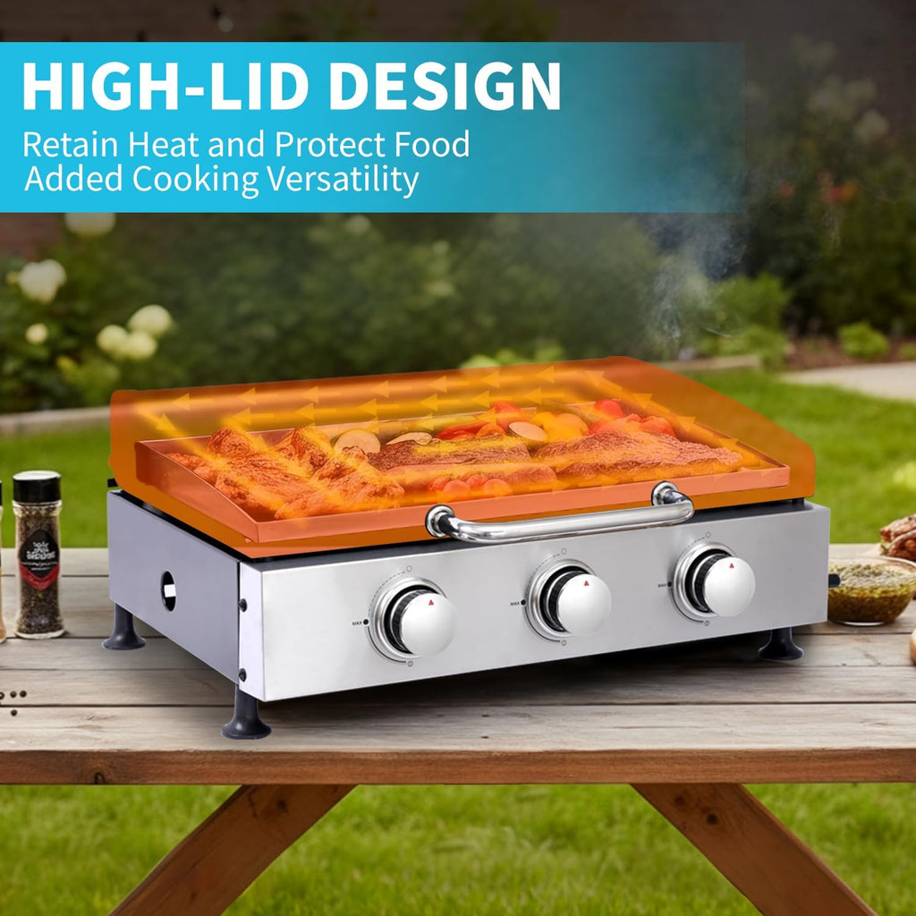 22' Flat Top Grill with Lid, 3 Burner Portable Gas Griddle for Outdoor, BBQ, Camping, Backyard & Tailgating Barbecue, 30,000 BTU Tabletop Propane Griddle 322 Sq. In.