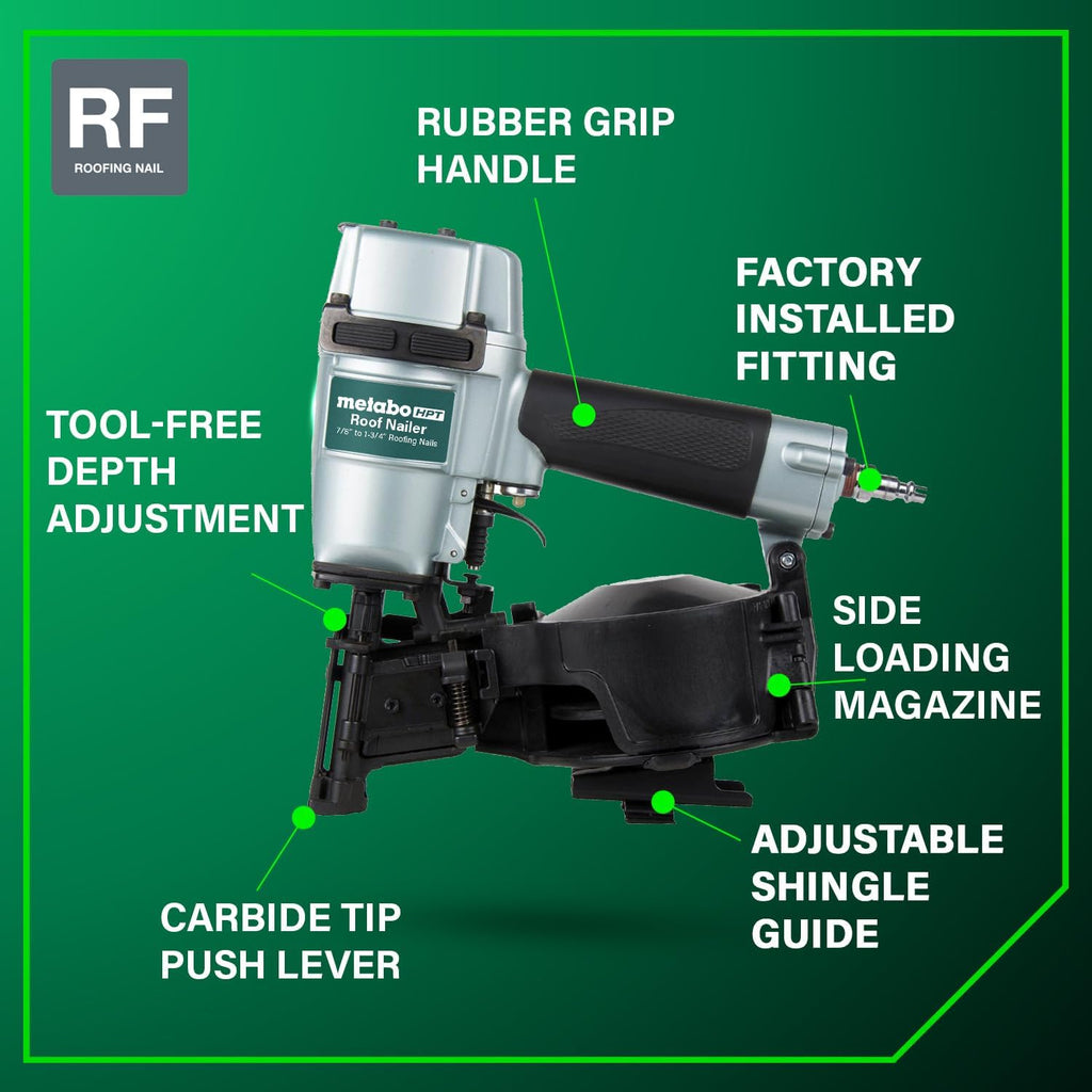 Metabo HPT Roofing Nailer, Pro-Preferred Pneumatic Power Nailer in Roofing Tools, Pneumatic Roofing Nailer for Asphalt Roofing Shingles, Nailer 16 Degree 7/8″ to 1-3/4″ Roofing Nails, NV45AB2