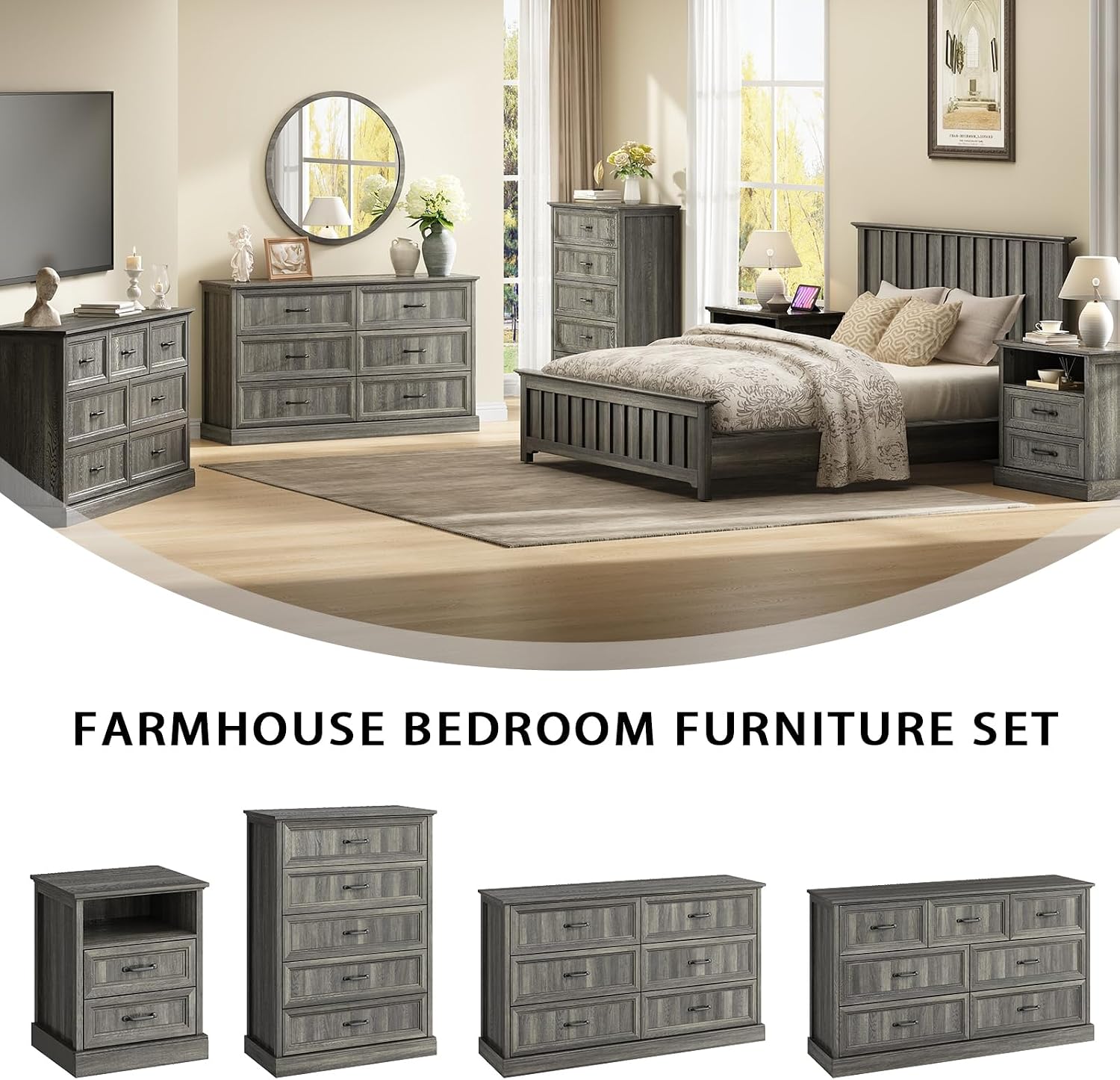 CARPETNAL Farmhouse Dresser and Nightstand Sets for Bedroom, 3 Pcs Bedroom Set, 6 Drawer Dresser & Nightstand Set of 2, Modern Wood Chest of Drawers for Bedroom, Living Room, Entryway, Grey