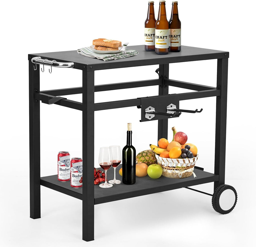 Garvee Grill Cart, Pizza Oven Stand, BBQ Prep Table with Wheels & Hooks, Side Handle, Double-Shelf Grilling Cart Tabletop Griddle Cooking Station for Bar, Patio, Camping, Home (Black)