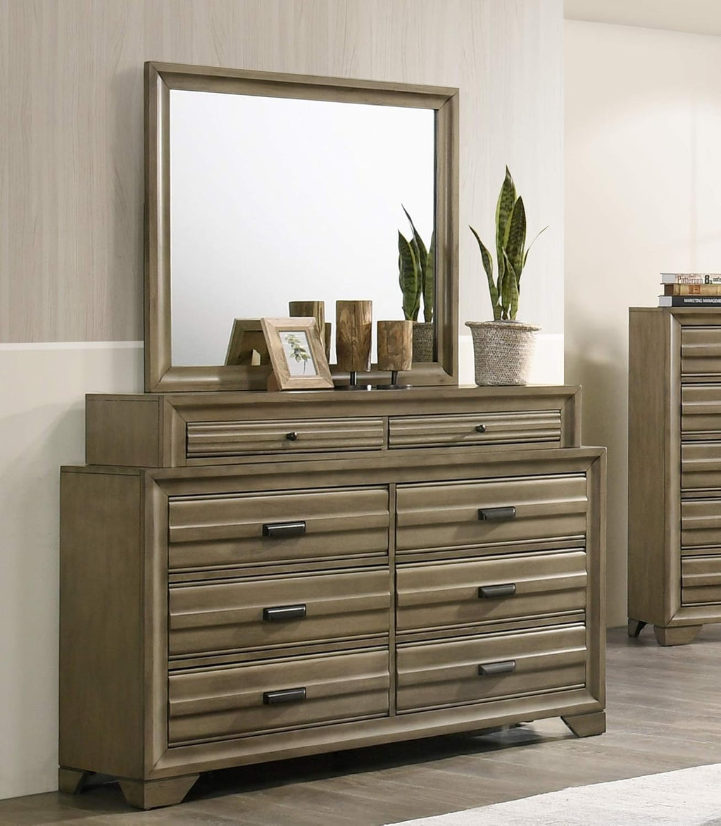 Roundhill Furniture Loiret Wood Storage Platform King Bedroom Set with Dresser, Mirror, Two Nightstands, Chest, Light Gray