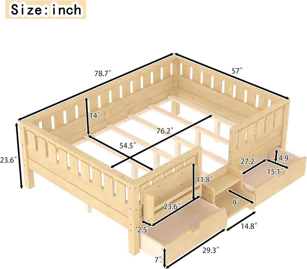 Bellemave Full Floor Bed with Stairs, Rails and Slats, Full Size Montessori Floor Bed with Bookshelf and 2 Storage Drawers, Easy Assemble Montessori Beds Frame for Girls, Boys, Light Natural