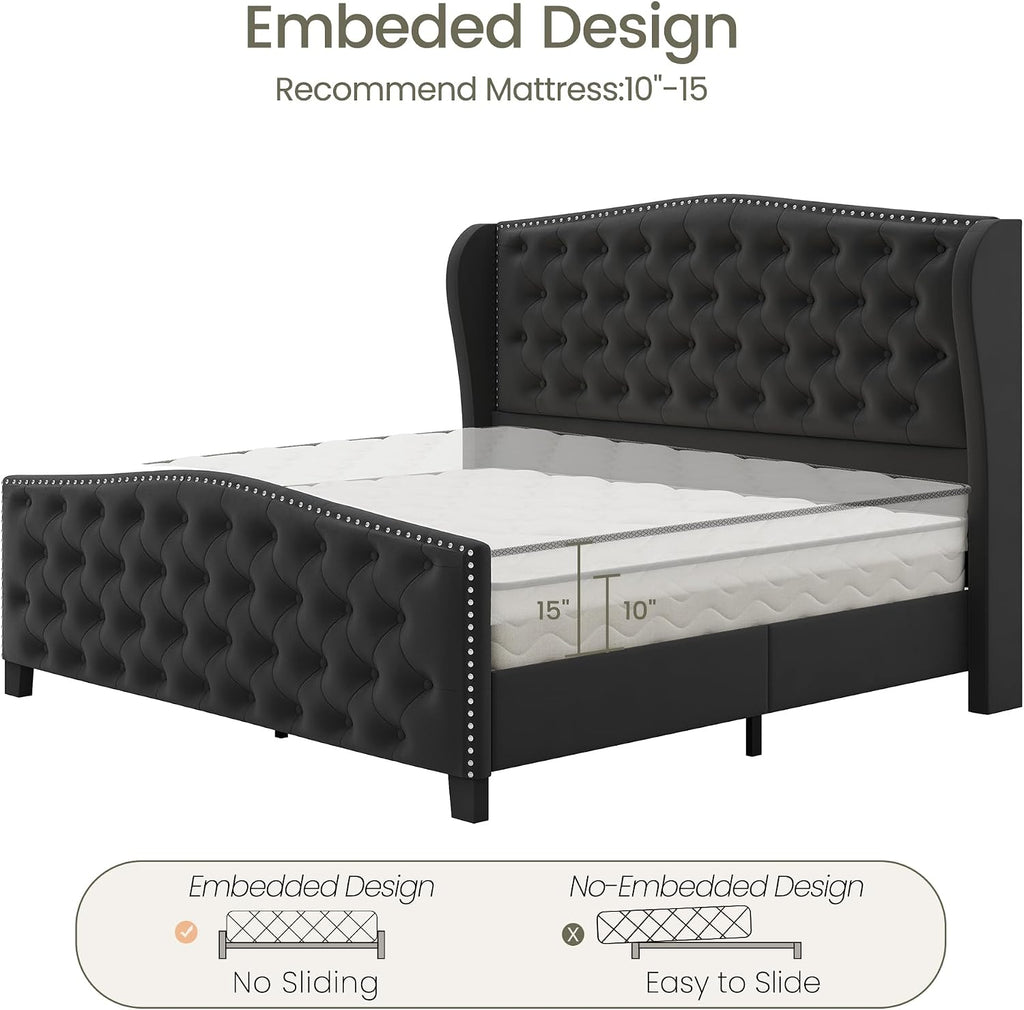LARMACE Queen Size Bed Frame Velvet Upholstered Platform Bed with Wingback Headboard & Footbaord, Deep Button Tufted Bed Frame with Wood Slats Support, No Box Spring Needed, Black