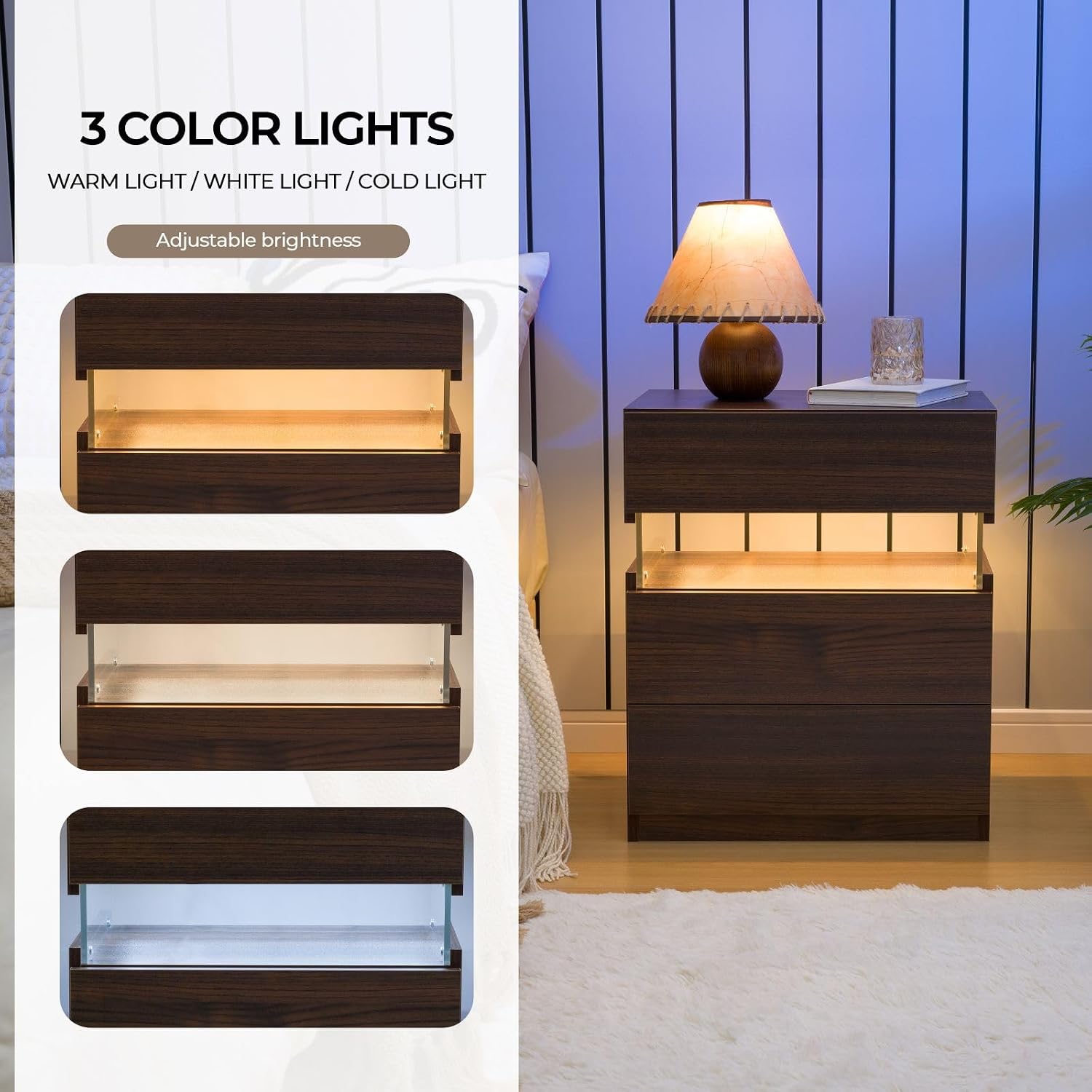 i-aplus Brown LED Nightstand Set of 2,Night Stand Set 2,Modern Night Stand with 3 Drawers,Night Stands for Bedroom Set of 2,Bedside Table Suitable for Small Spaces and Indoor use Capabilities