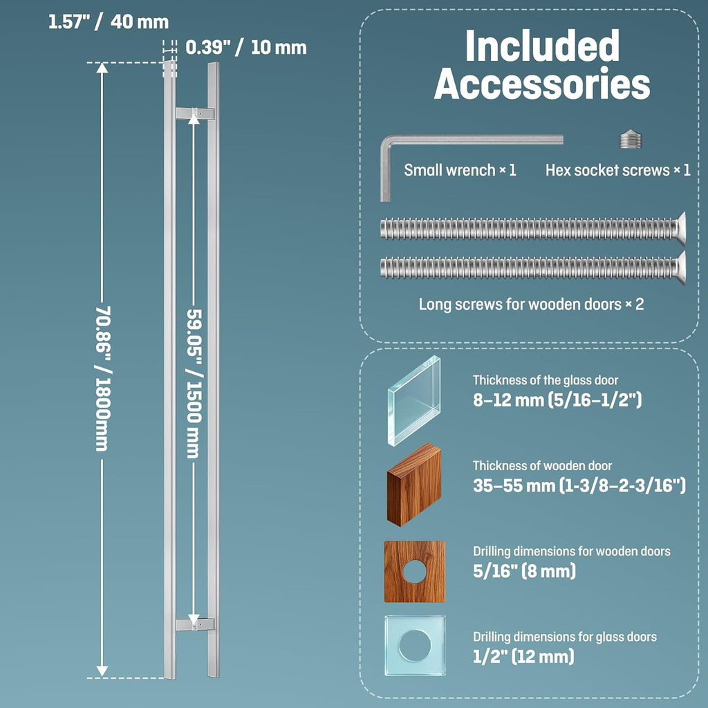 Ranbo H-Shaped 71' Large Push Pull Door Handle,Back to Back, 1500mm (59 1/16 inch) CTC, 1.2 mm Thick 304 Stainless Steel, Heavy Duty for Barn,Front,Entrance, Commercial,Glass Doors,Polished Chrome