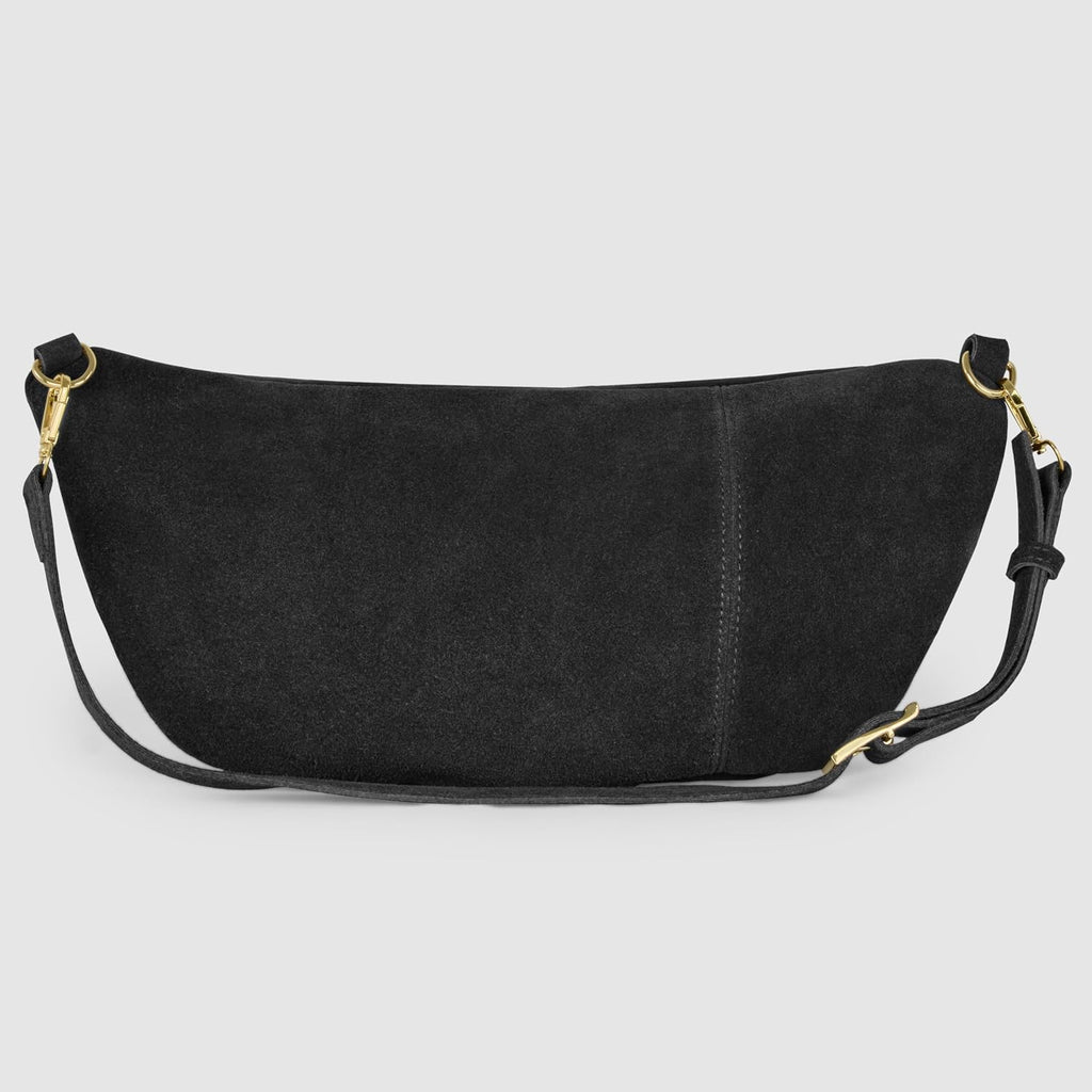 Italian Genuine Suede Crossbody Bag for Women with Zipper & Detachable Strap | Large Travel Chest Sling Fanny Pack (Black)