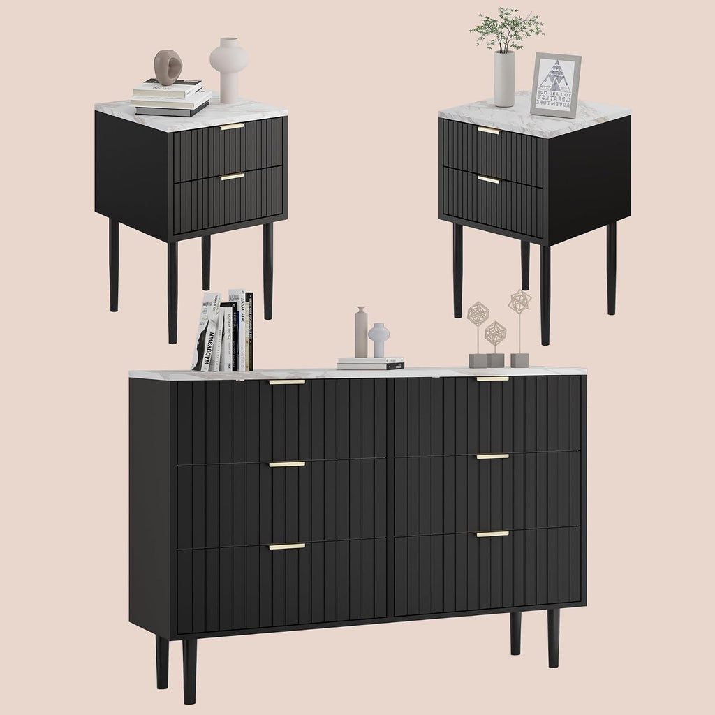 Anbuy Dresser and Nightstand Sets - 3 Pieces Bedroom Set with 6 Drawer Dresser and 2 Drawer Night Stands, Modern Dresser & Chests of Drawers Bedside Table with Gold Handle & Faux Marble Top