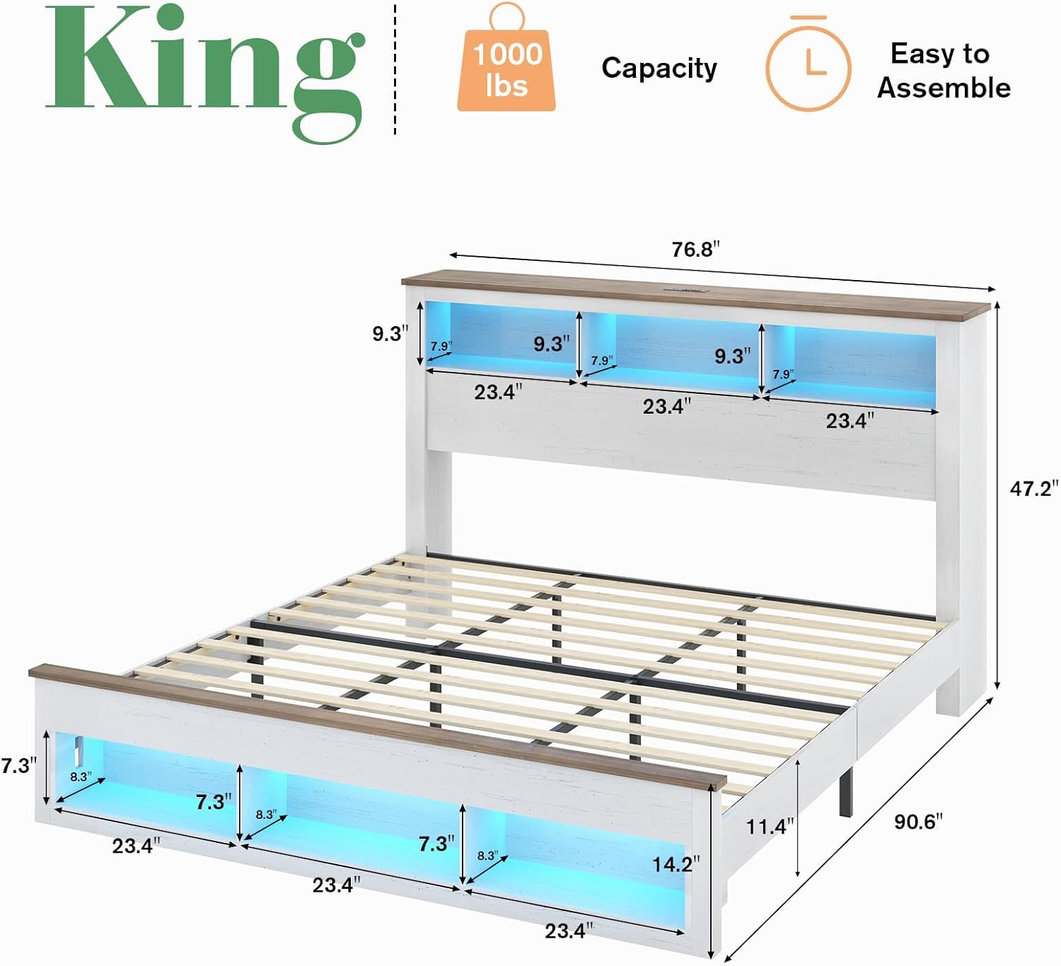 Albott Farmhouse King Size Bed Frame with Storage/Bookcase Headboard & Footboard, Wood Platform Bed with LED Lights/Charging Station, Heavy-Duty Metal Support/No Box Spring Needed/Noise-Free, White