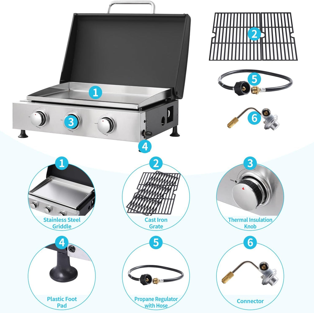 22' Flat Top Grill with Lid, 3 Burner Portable Gas Griddle for Outdoor, BBQ, Camping, Backyard & Tailgating Barbecue, 30,000 BTU Tabletop Propane Griddle 322 Sq. In.