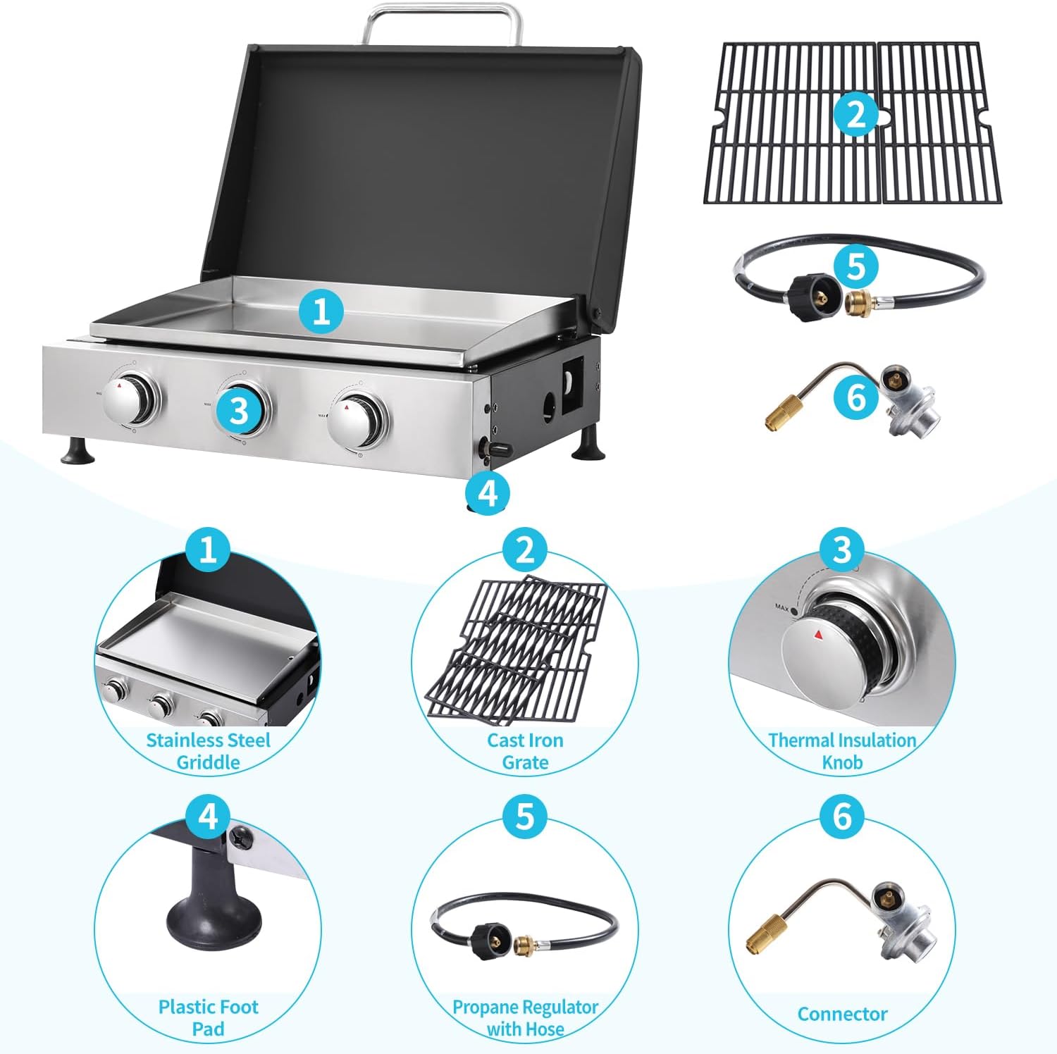 22' Flat Top Grill with Lid, 3 Burner Portable Gas Griddle for Outdoor, BBQ, Camping, Backyard & Tailgating Barbecue, 30,000 BTU Tabletop Propane Griddle 322 Sq. In.