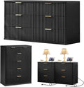LEYAOYAO Fluted Dressers & Nightstand Set of 4, Wood 48' Wide Dresser & 42' Tall Chest of Drawers,Modern Bedroom Furniture Sets, Black Wooden Nightstand Set of 2 with 3 Drawers & Charging Station