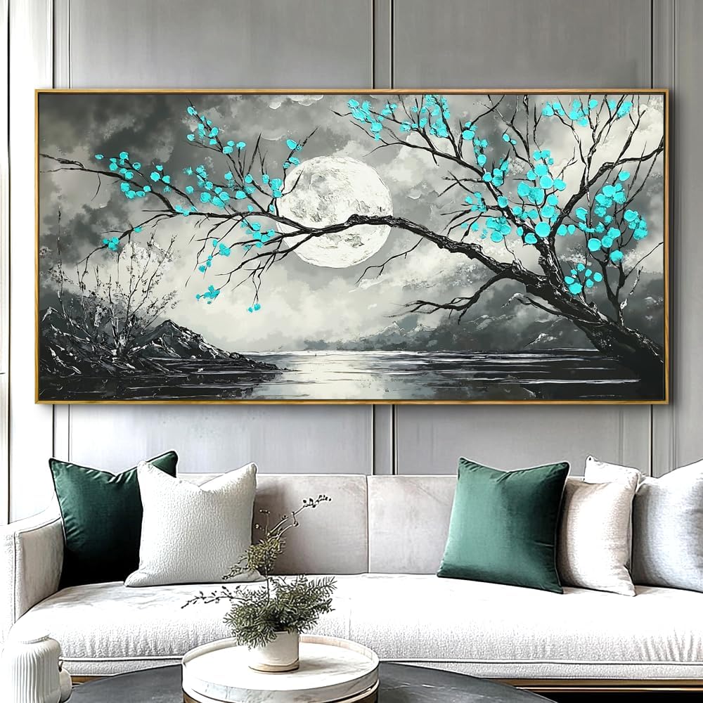 Abstract Moon Landscape Wall Art - Large Framed Canvas Painting for Living Room, Bedroom, Modern Artwork Decor - 60x30 Inch Ready-to-Hang