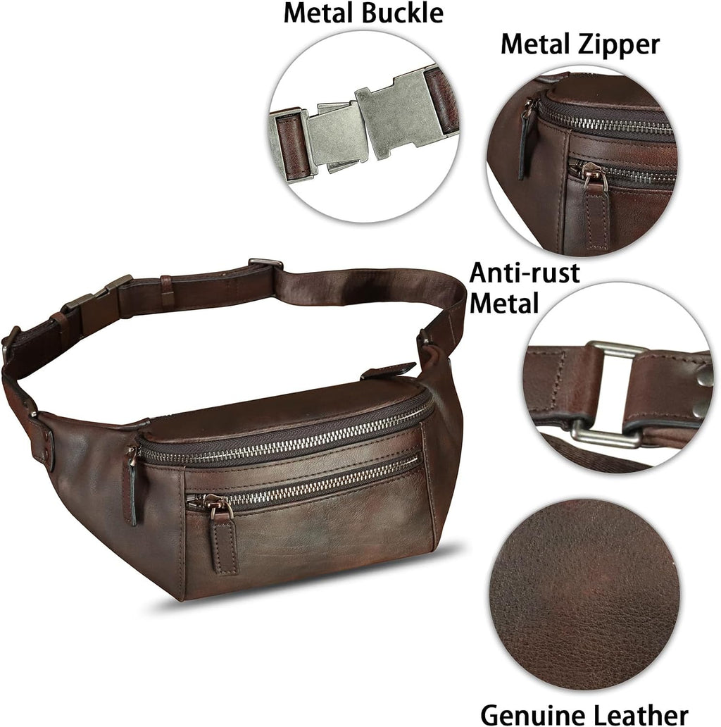 Genuine Leather Fanny Pack for Women and Men Vintage Real Leather Waist Bag Hip Bum Crossbody Sling Bags (Coffee)
