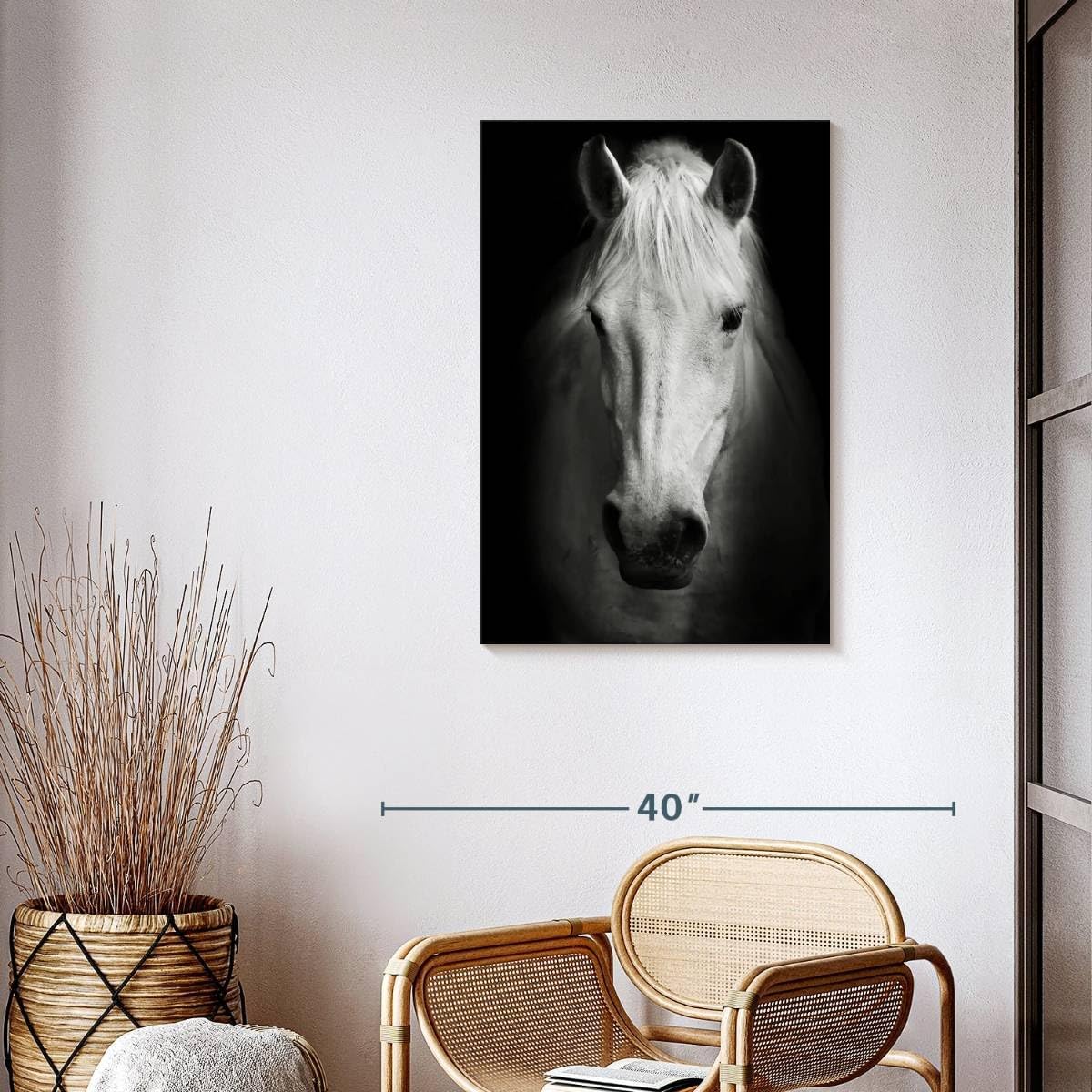 ElephantStock - White Thoroughbred Horse Wall Art - Vertical Canvas Wall Art - Living Room Wall Decor - Photography Animal Canvas Art - Black And White Decor - 24' x 36'