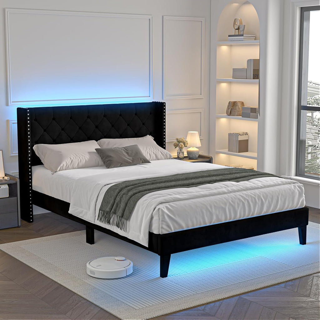 Lihimte Queen Size Bed Frame with Led Lights, Upholstered Velvet Platform Bed Frames with Button Tufted Wingback Headboard and Footboard, Wooden Slats Support, No Box Spring Needed, Black