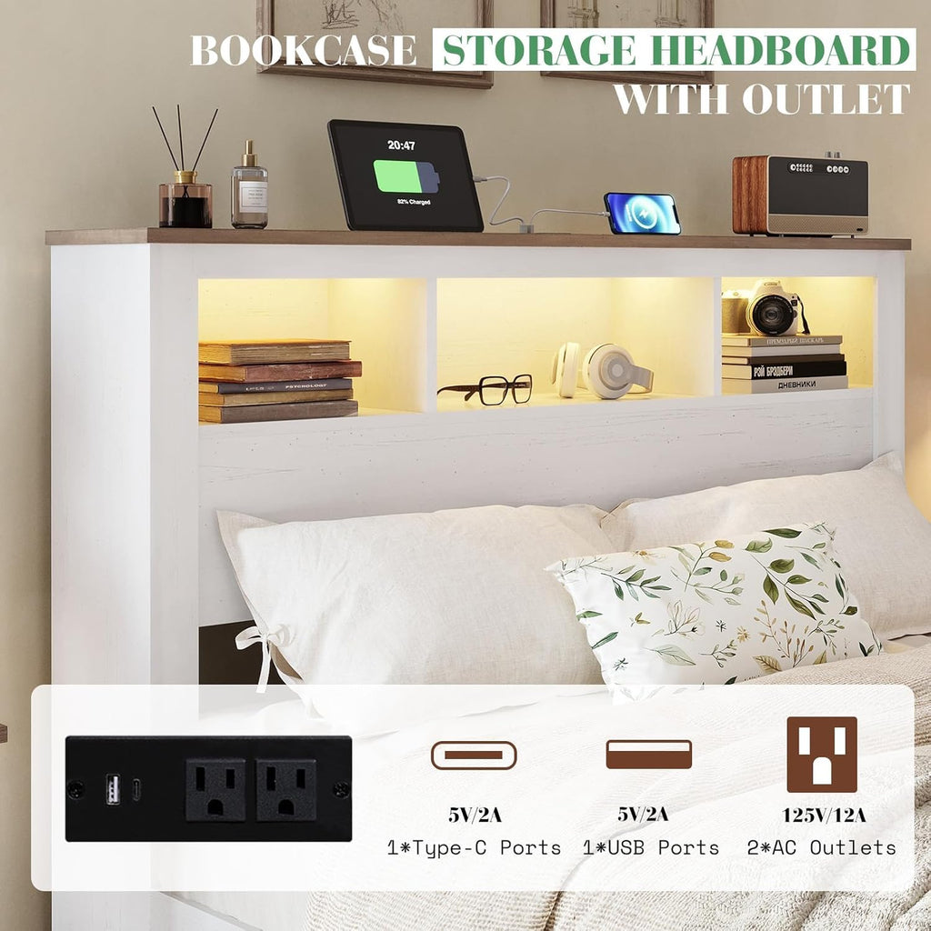 Albott Farmhouse King Size Bed Frame with Storage/Bookcase Headboard & Footboard, Wood Platform Bed with LED Lights/Charging Station, Heavy-Duty Metal Support/No Box Spring Needed/Noise-Free, White