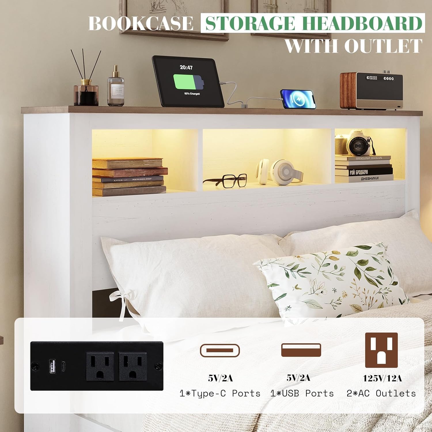 Albott Farmhouse King Size Bed Frame with Storage/Bookcase Headboard & Footboard, Wood Platform Bed with LED Lights/Charging Station, Heavy-Duty Metal Support/No Box Spring Needed/Noise-Free, White