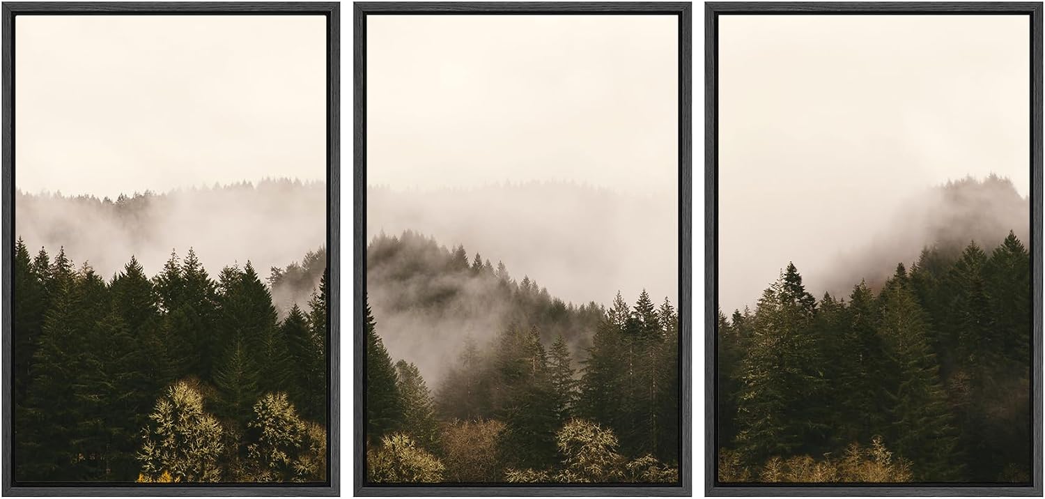 SIGNWIN 3 Piece Framed Canvas Wall Art Brown Foggy Mountains Nature Wilderness Photography Abstract Rustic Canvas Prints Home Artwork Decoration for Living Room,Bedroom - 16'x24'x3 Panels