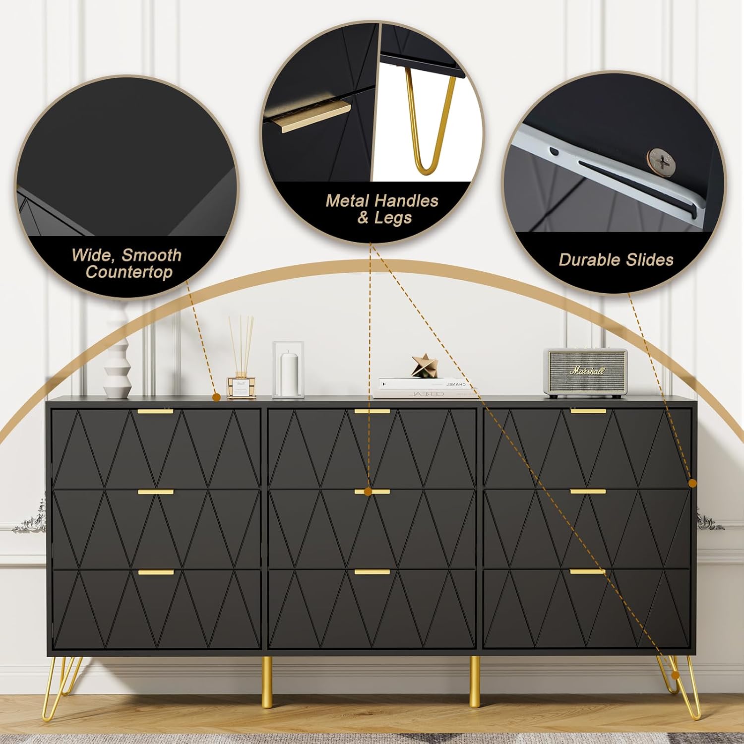 Anbuy Bedroom Sets 3 Piece 9+2+2 Black 9 Drawer Dresser & Nightstands Set of 2 for Bedroom, Two Drawers Nightstand Set of 2 and 9 Drawer Dresser Combo 3 Pieces