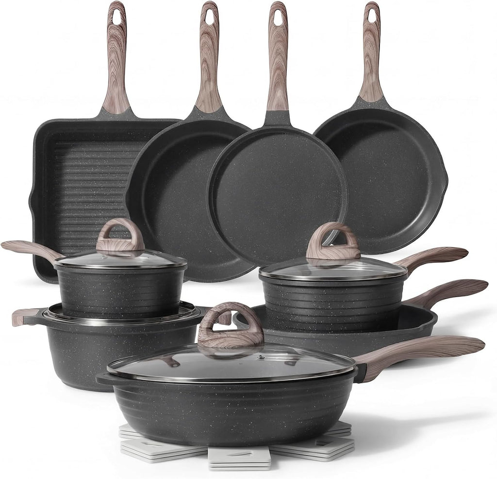 JEETEE Pots and Pans Set Non Stick 23pcs, Healthy Kitchen Cookware Sets, Induction Cooking Set W/Gray Frying Pans, Saucepans, Sauté & Griddle & Crepe Pan (PFOA, PFAS Free)