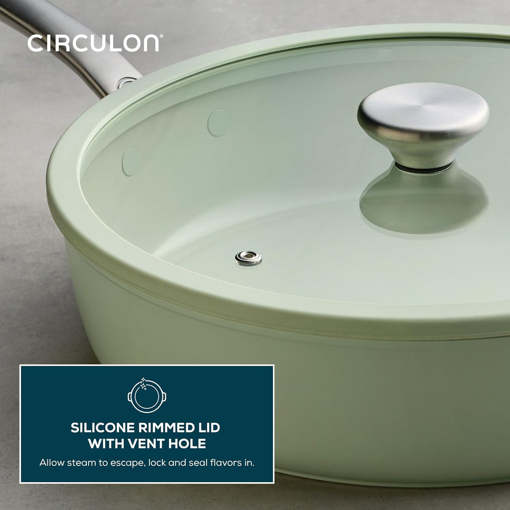Circulon Halo with LaserDefense Ceramic Nonstick Saute Pan, Helper Handle and Lid, Made without PFAS, Compatible with All Stovetops, Dishwasher & Oven Safe, 5 Quart Multipurpose Nonstick Pan, Sage