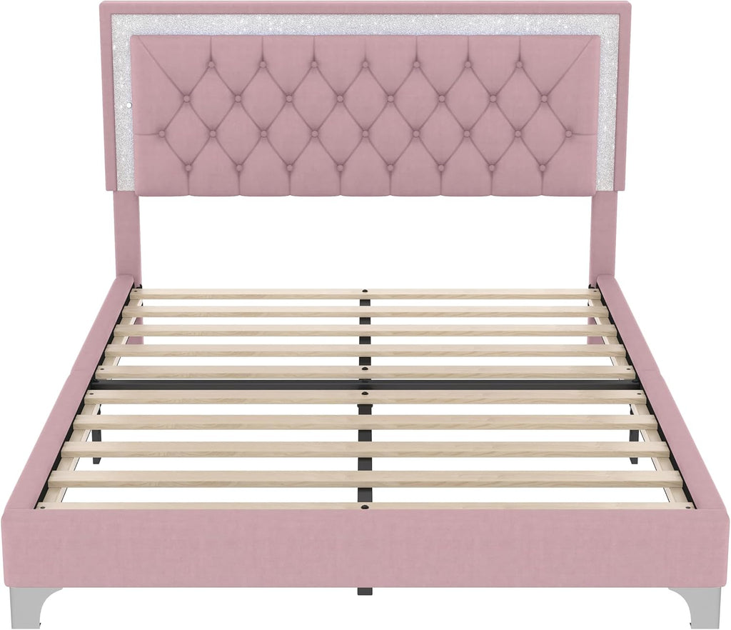 Flieks Bedroom Sets, 3-Pieces Bedroom Sets, Queen Size Upholstered Platform Bed with LED Lights and 2 Nightstands, Pink