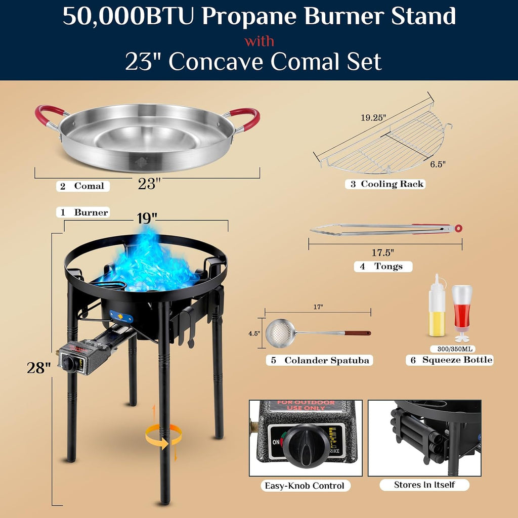 23' Concave Comal w/50,000BTU Propane Grill Burner Set, Discada disc Outdoor Cooker, Stainless Steel Griddle Fryer Cookware Set, Disco Para Cocinar, Tacos Stir Fry Wok, Paella Burner and Stand Set