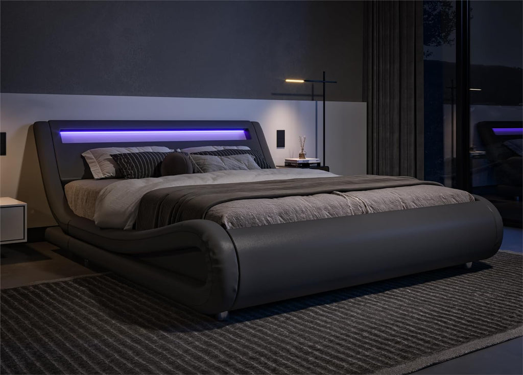 Allewie Queen Size LED Platform Bed Frame with Adjustable Headboard/No Box Spring Need/Easy Assembly/Faux Leather in Grey