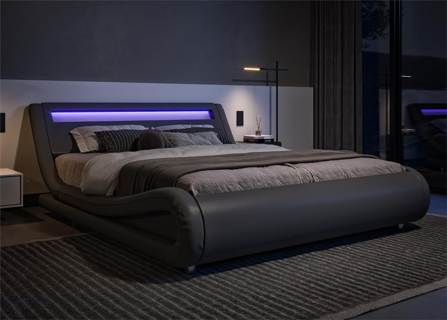 Allewie Queen Size LED Platform Bed Frame with Adjustable Headboard/No Box Spring Need/Easy Assembly/Faux Leather in Grey