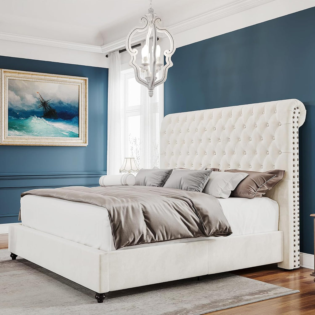 PaPaJet King Bed Frame Upholstered Platform Bed Frame with 52.8'' Tall Sleigh Headboard, Button Tufted, No Box Spring Needed, Easy Assembly, Cream