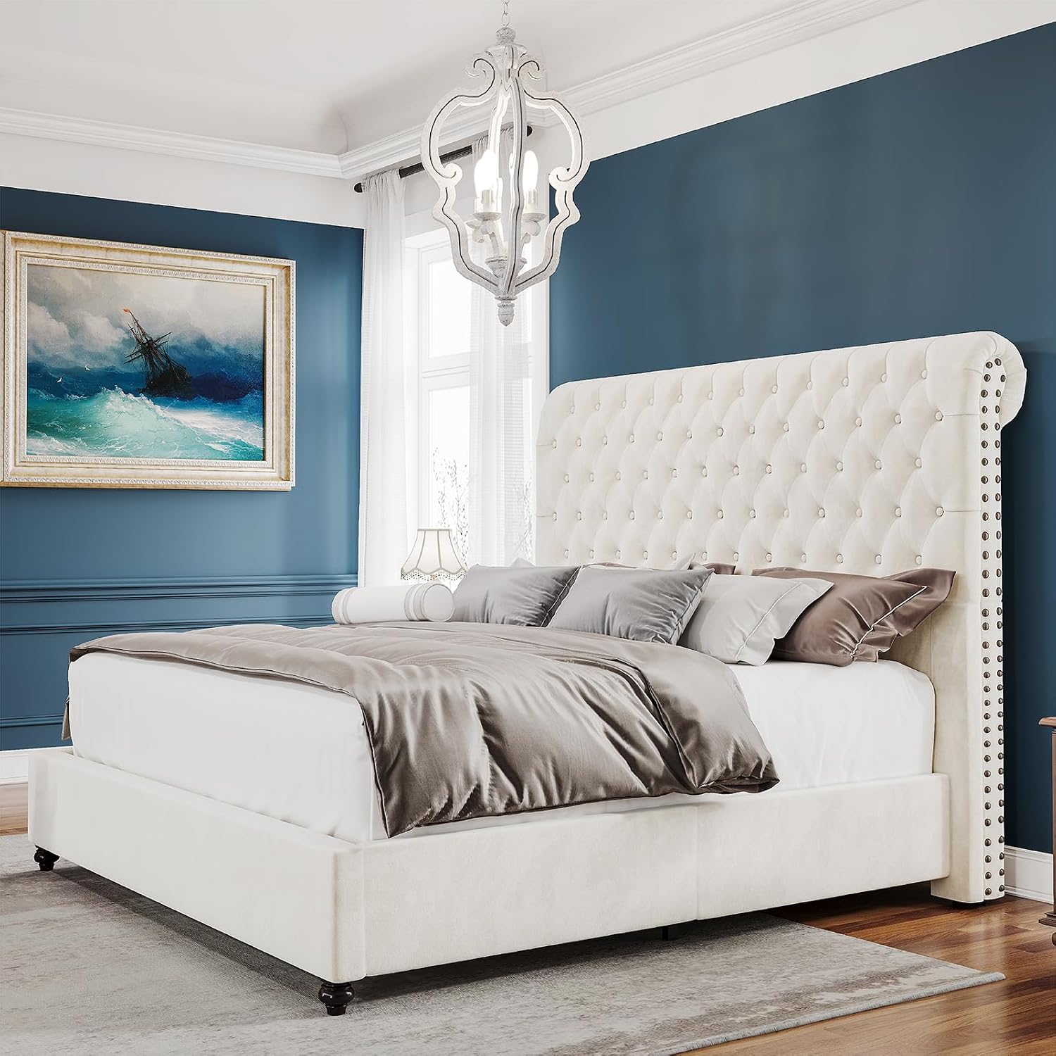 PaPaJet King Bed Frame Upholstered Platform Bed Frame with 52.8'' Tall Sleigh Headboard, Button Tufted, No Box Spring Needed, Easy Assembly, Cream