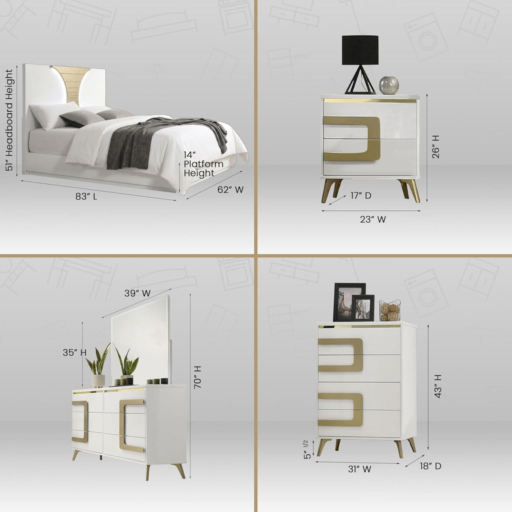 Kings Brand Furniture Claire 6-Piece Queen Size Bedroom Set - Bed with LED Headboard, Dresser, Mirror, Chest and 2 Nightstands, White/Gold