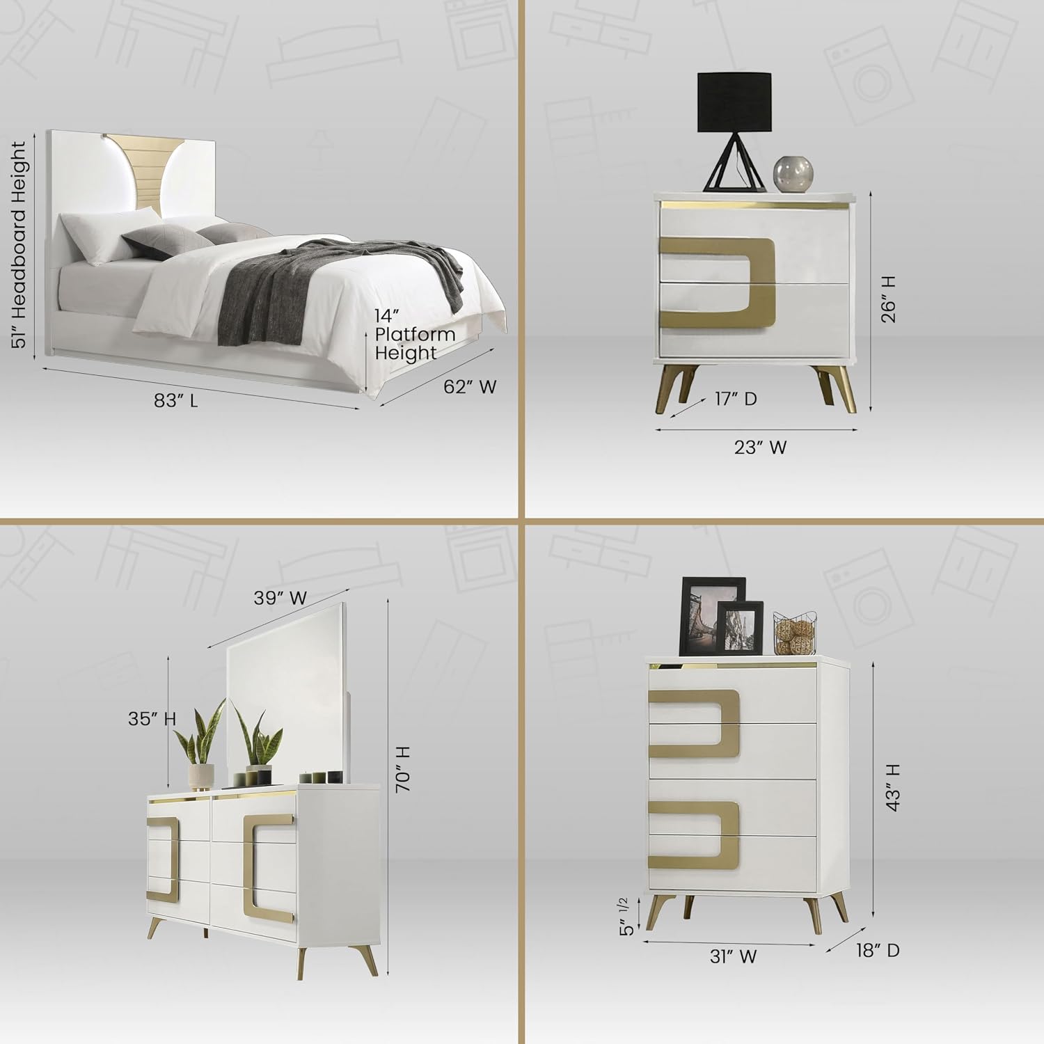 Kings Brand Furniture Claire 6-Piece Queen Size Bedroom Set - Bed with LED Headboard, Dresser, Mirror, Chest and 2 Nightstands, White/Gold