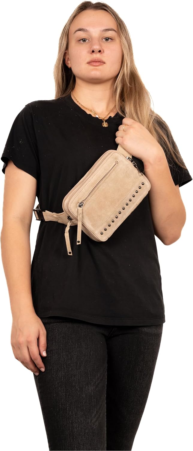 Lady Conceal Kailey Concealed Self Defence Waist Bag by Lady Conceal - Buffalo or Suede Cowhide Leather, 3 Open Sides and Locking Zippers with Universal Holster (Sand) - 8' L x 5.5' H x 2.25'